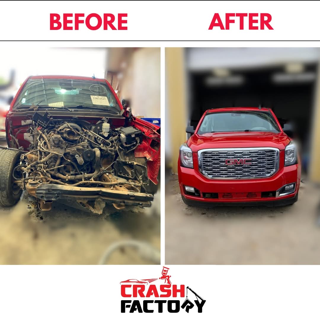 Before and after GMC Yukon front end collision repair - The Crash Factory Dallas